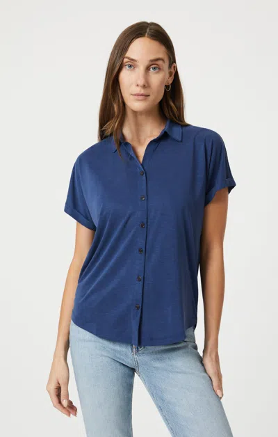 MAVI LUXE TOUCH TENCEL™ BUTTON-UP T-SHIRT IN MEDIEVAL BLUE