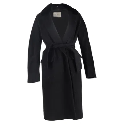 MAX MARA FUR COLLAR BELTED WRAP COAT IN BLACK WOOL