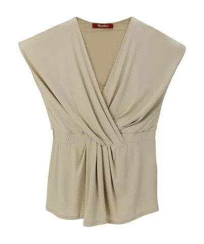 MAX MARA V COLLAR PLEATED SLEEVELESS SHORT-SLEEVED T-SHIRT