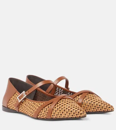 MAX MARA WOVEN LEATHER-TRIMMED MARY JANE FLATS