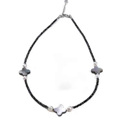MAYFAIR PEARLS WOMEN'S BLACK / WHITE / SILVER CLOVER CHARM NECKLACE WITH BLACK QUARTZ & FRESHWATER PEARLS