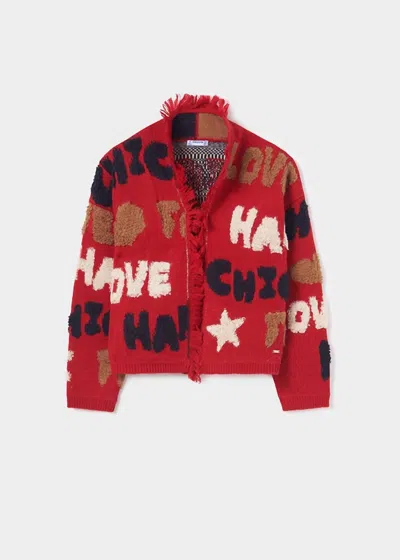 MAYORAL GIRLS' INTARSIA CHIC FRINGE CARDIGAN IN RED