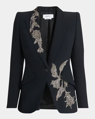 ALEXANDER MCQUEEN FLORAL CRYSTAL ONE-BUTTON CREPE BLAZER