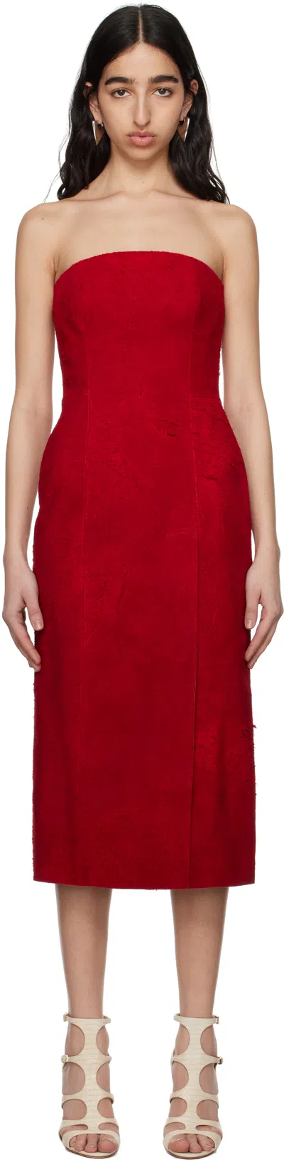 ALEXANDER MCQUEEN RED STRAPLESS SUEDE MIDI DRESS