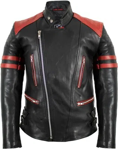 MDM RETRO MOTORRAD LEDERJACKE 80´S OLDSCHOOL IN SCHWARZ / ROT PROTEKTOREN ROCKER