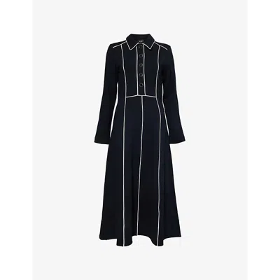 ME AND EM WOMENS NAVY/CREAM TRAVEL TAILORING SPREAD-COLLAR STRETCH-WOVEN BLEND MIDI DRESS