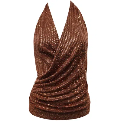 ME&THEE WOMEN'S BROWN LEAD ASTRAY COPPER SEQUIN HALTER NECK TOP