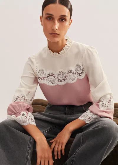ME+EM SILK COLOR BLOCK LACE TRIM BLOUSE