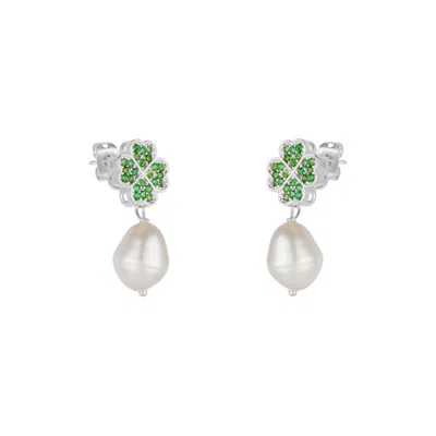 MEJOMA WOMEN'S GREEN / SILVER FOUR LEAVES CLOVER STUD PEARL DROP EARRING IN SILVER GREEN GEMSTONES