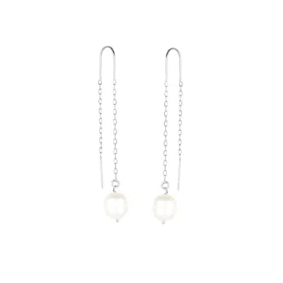 MEJOMA WOMEN'S PEARL DROP THREADER SILVER CHAIN EARRING