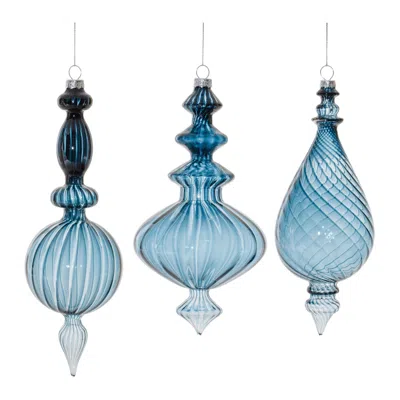 MELROSE INTERNATIONAL BLUE RIBBED GLASS FINIAL DROP ORNAMENT (SET OF 6) - BLUE
