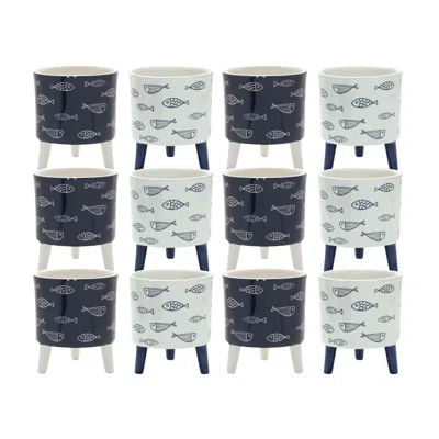 MELROSE INTERNATIONAL COASTAL FISH PATTERN PLANTER WITH LEGS (SET OF 12) - BLUE, WHITE