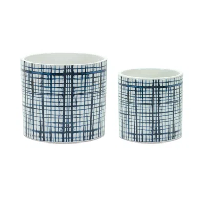 MELROSE INTERNATIONAL CRISS CROSS PATTERN PLANTER (SET OF 2) - WHITE, BLUE