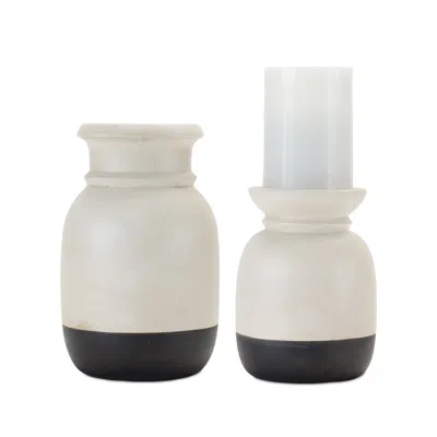 MELROSE INTERNATIONAL DUAL-TONE CERAMIC CANDLE HOLDER (SET OF 2) - CREAM, BLACK