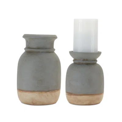 MELROSE INTERNATIONAL DUAL-TONE CERAMIC CANDLE HOLDER (SET OF 2) - GREY, BROWN