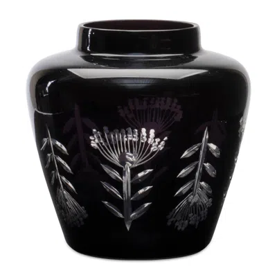 MELROSE INTERNATIONAL ETCHED SODA LIME GLASS URN VASE 6.5"D - BLACK