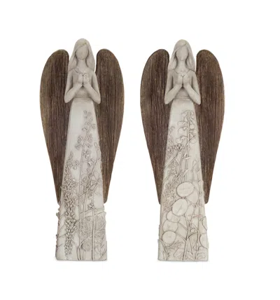 MELROSE INTERNATIONAL FLORAL SCULPTED ANGEL WITH WOOD STYLE WINGS (SET OF 2) - BROWN, GREY
