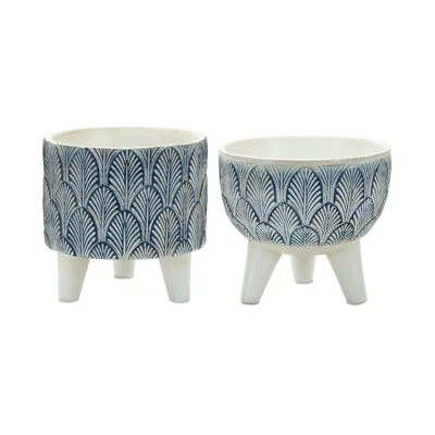 MELROSE INTERNATIONAL GEOMETRIC LEAF PLANTER WITH LEGS (SET OF 2) - WHITE, BLUE
