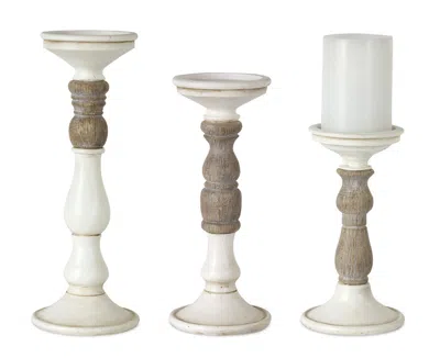 MELROSE INTERNATIONAL IVORY CANDLE HOLDER WITH WOOD ACCENT (SET OF 3) - WHITE, BROWN