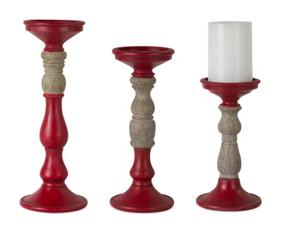 MELROSE INTERNATIONAL RED CANDLE HOLDER WITH WOOD ACCENT (SET OF 3) - RED, BROWN
