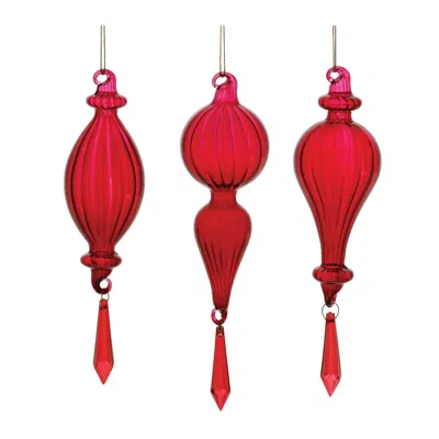 MELROSE INTERNATIONAL RED RIBBED GLASS DROP ORNAMENT WITH JEWEL (SET OF 3) - RED