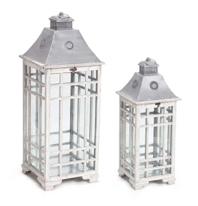 MELROSE INTERNATIONAL TRADITIONAL FARMHOUSE LANTERN WITH METAL LID (SET OF 2) - GREY, WHITE