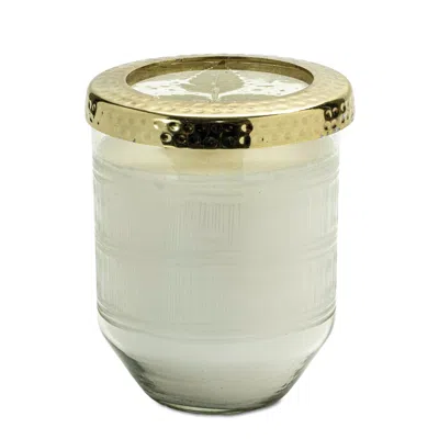 MELROSE INTERNATIONAL WHIT CURRANT SCENTED SOY CANDLE WITH PRESSED FLORAL LID 5"D - WHITE, GOLD
