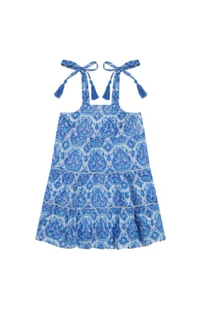 MER ST. BARTH MER ST. BARTH BELLA GIRL'S SHOULDER TIE SUNDRESS BLUE PAISLEY