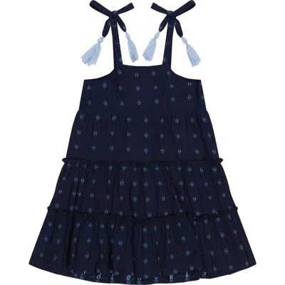 MER ST. BARTH MER ST. BARTH BELLA GIRL'S SHOULDER TIE SUNDRESS NAVY TURQUOISE SWISS DOT