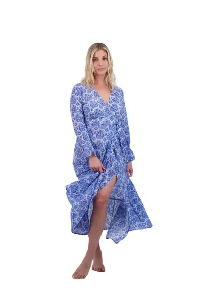 MER ST. BARTH RUFFLE WRAP DRESS BLUE PAISLEY