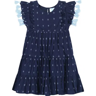 MER ST. BARTH MER ST. BARTH SOPHIE GIRL'S TASSEL DRESS NAVY TURQUOISE SWISS DOT