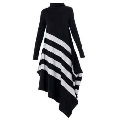 METAMORPHOZA WOMEN'S LONG SLEEVE KNIT DRESS IN BLACK WITH GREY STRIPES