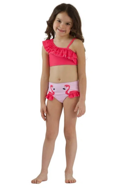 MIA BELLE GIRLS MIA BELLE GIRLS GIRLS FLAMINGO FUN ONE-SHOULDER TWO-PIECE SWIMSUIT