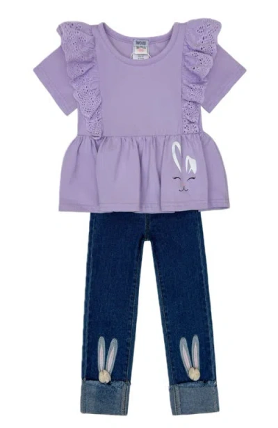 MIA BELLE GIRLS MIA BELLE GIRLS GIRLS LILAC LOVE BUNNY TOP AND EMBROIDERED DENIM SET