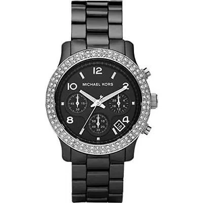 MICHAEL KORS BLACK CERAMIC LINK BRACELET QUARTZ CHRONOGRAPH CRYSTAL