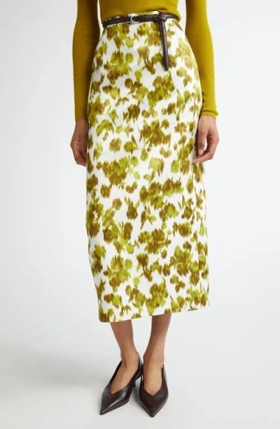 MICHAEL KORS MICHAEL KORS COLLECTION BLURRED FLORAL PRINT DUCHESSE SATIN PENCIL SKIRT