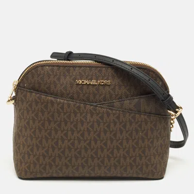 MICHAEL KORS DARK BROWN SIGNATURE COATED CANVAS JET SET TRAVEL DOME CROSSBODY BAG