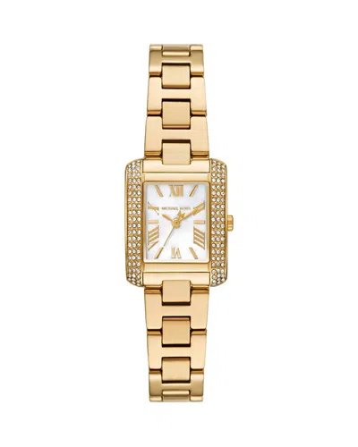 MICHAEL KORS EMERY THREE HAND GOLD TONE STAINLESS STEEL WATCH, 23MM X 29MM