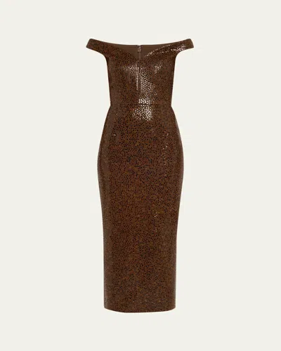 MICHAEL KORS HAND EMBELLISHED FAUX TORTOISE OFF-THE-SHOULDER SHEATH DRESS