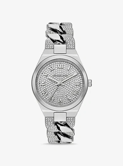 MICHAEL KORS LENNOX PAVÉ SILVER-TONE CURB-LINK WATCH
