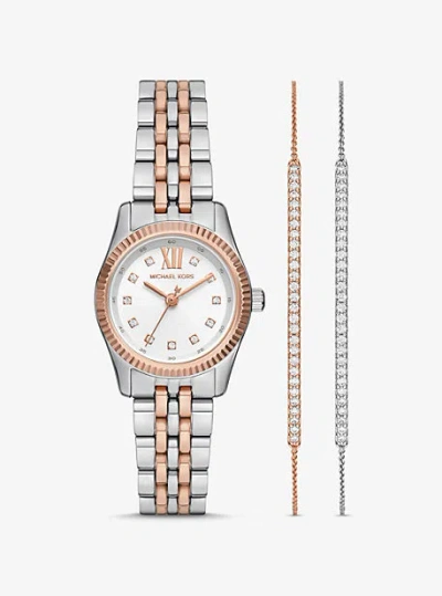 MICHAEL KORS LEXINGTON PAVÉ TWO-TONE WATCH AND SLIDER BRACELET GIFT SET