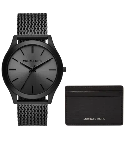 MICHAEL KORS MEN'S RUNWAY THREE-HAND BLACK STAINLESS STEEL MESH WATCH 44MM AND WALLET GIFT SET