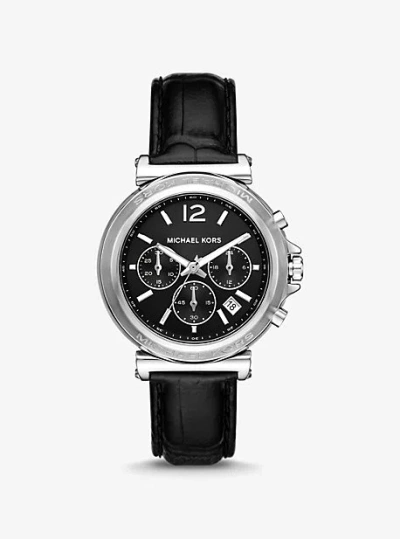 MICHAEL KORS OVERSIZED MAREN SILVER-TONE AND CROCODILE EMBOSSED LEATHER WATCH