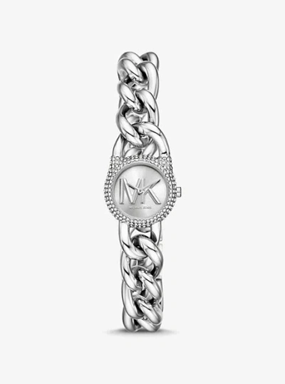 MICHAEL KORS PETITE PAVÉ SILVER-TONE CHAIN-LINK WATCH