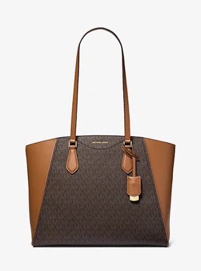 MICHAEL KORS TARYN LARGE SIGNATURE LOGO AND LEATHER TOTE BAG
