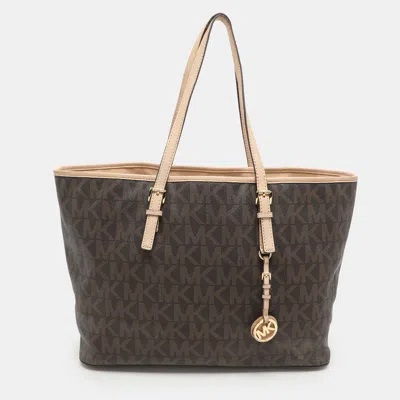 MICHAEL MICHAEL KORS BROWN COATED CANVAS AND LEATHER JET SET TRAVEL TOTE
