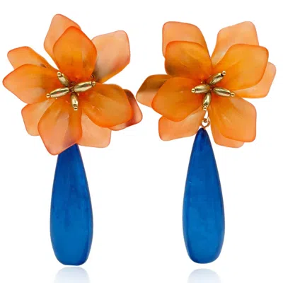 MICHAEL NASH JEWELRY WOMEN'S BLUE / ORANGE ORANGE RESIN FLORAL CLIP ON EARRING WITH BLUE DROP