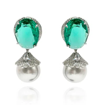 MICHAEL NASH JEWELRY WOMEN'S GREEN / NEUTRALS OVAL EMERALD CUBIC ZIRCONIUM EARRINGS WITH GLASS PEARL DROPS