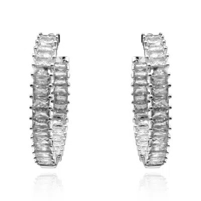 MICHAEL NASH JEWELRY WOMEN'S NEUTRALS LARGE RHODIUM PLATED BAGUETTE HOOP EARRINGS