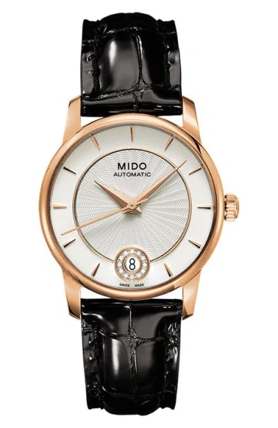 MIDO MIDO BARONCELLI DIAMOND AUTOMATIC LEATHER STRAP WATCH, 33MM